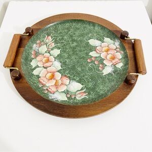 Vintage Vermillion Walnut Round Wood Floral Painted Farmhouse Tray Decor